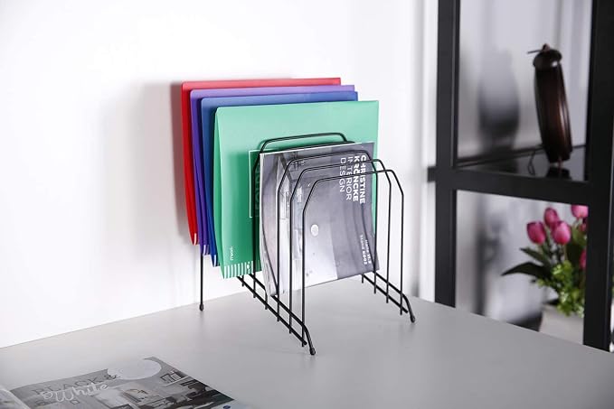 DESIGNA 4 Pack Metal Incline Sorter Vertical File Holder, Storage Organizer Folder Mail Magazine Letter Paper Book Filing Organization Display Rack Dividers,8 Compart,Black - Image 7