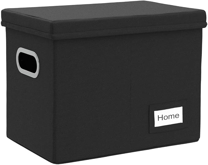 File Organizer Box - Set of 1 Collapsible Decorative Linen Filing Storage Hanging File Folders with Lids Office Cabinet Letter Size Black (14x9.3x10.8 inch) - Image 4