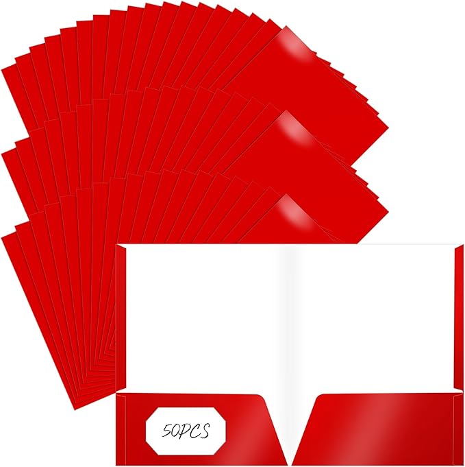 Jutom 50 Pcs 2 Pocket Glossy Paper Folders Glossy Paper Laminated Portfolios, Letter Size, Presentation Folders with Pockets for Office Teacher Worker Supplies(Red Color) by Jutom
