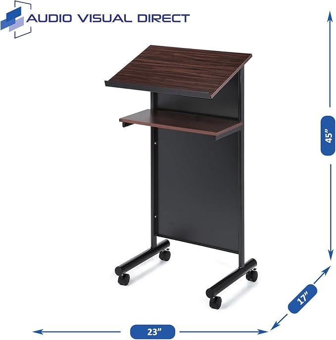 Wheeled Lectern Podium - Standing Desk with Storage Shelf - Cherry/Black - Ideal for Presentations and Laptop Use - Image 3