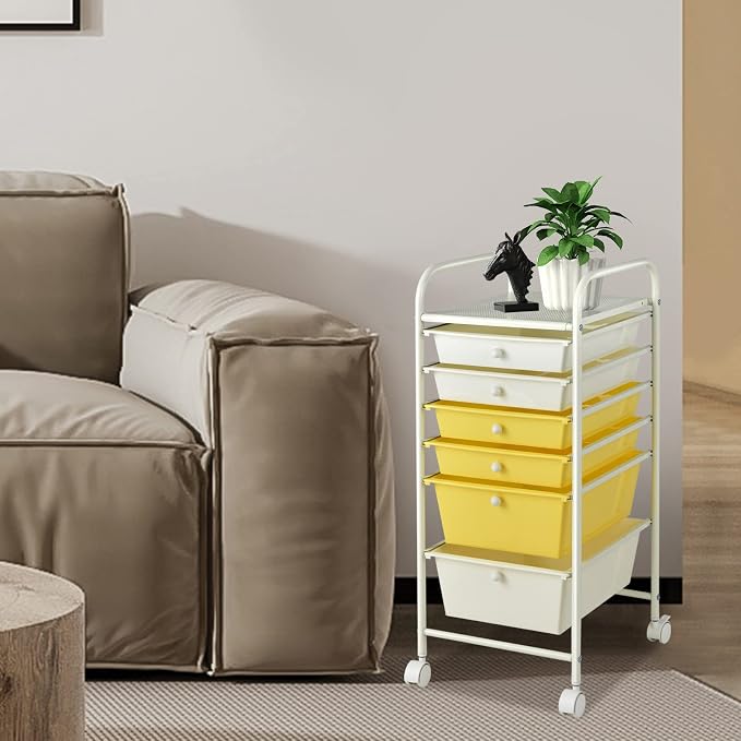COSTWAY 6-Drawer Rolling Storage Cart, Art Craft Tools Organizer on Wheels | Multifunctional Heavy Duty Utility Mobile Storage Trolley w/ 2 Lockable Wheels for Home Office School (Yellow, Beige & Grey) - Image 2