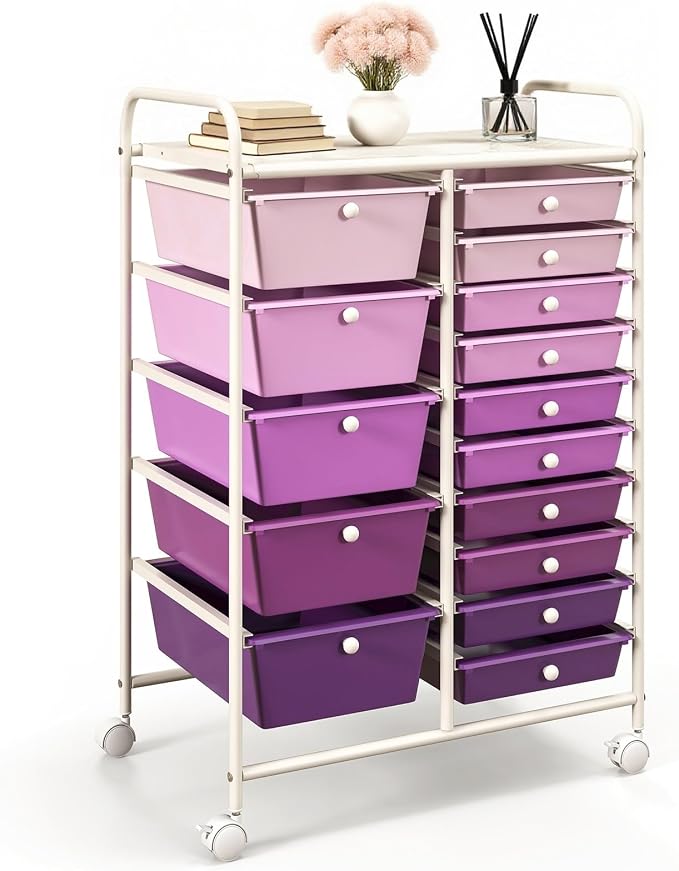 DORTALA 15-Drawer Rolling Storage Cart with Drawers, Rolling Utility Cart w/Removable Drawers & Universal Wheels, Tools Scrapbook Paper Organizer for School, Office, Home, Classroom (Gradient Purple) by DORTALA