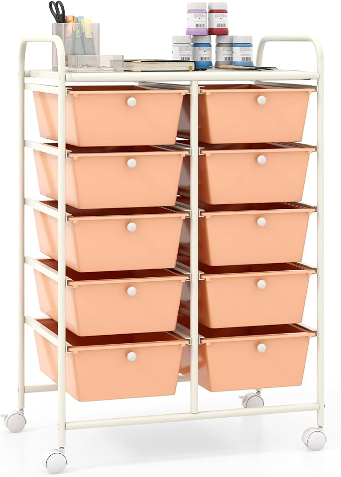 Giantex 10 Drawers Rolling Cart, Classroom Organizers, Storage Cart with Wheels, for Teacher Office Home School Supplies Tool Craft Art Paper, Peach Fuzz by Giantex