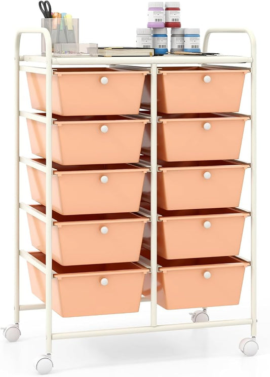 Giantex 10 Drawers Rolling Cart, Classroom Organizers, Storage Cart with Wheels, for Teacher Office Home School Supplies Tool Craft Art Paper, Peach Fuzz by Giantex