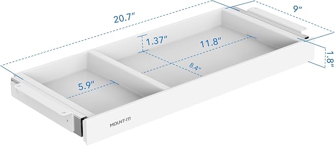 Mount-It! Under Desk Drawer Organizer with 2 Compartments, Shallow Low-Profile Slide-Out Desk Tray, 20.7″ x 8.9″ x 1.8″, Pull-Out Pencil Drawer for Traditional & Standing Desks- White - Image 2
