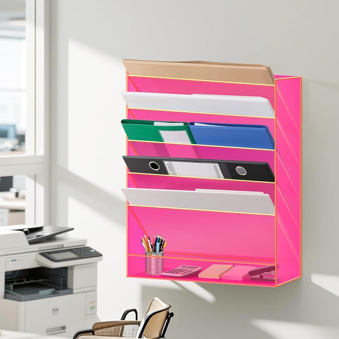 Gelite Hanging File Organizer Acrylic Wall File Holder for Office Vertical Paper Organizer Wall Mounted Magazine Rack, 5 Pockets, Neon Pink - Image 4