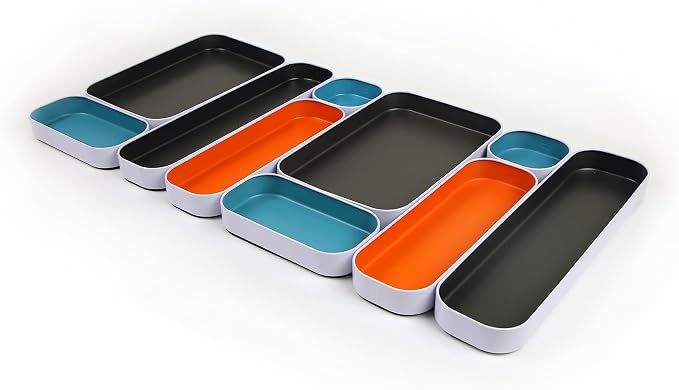 Three by Three Seattle Metal Drawer Organizer Tray Set, 10-Pc (Gray Mix) | Colorful food-safe metal bins; soft non-scratch base; organize utensils, makeup & supplies across every room by ThreebyThreeSeattle