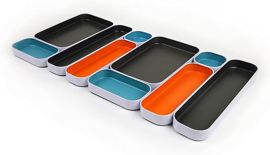 Three by Three Seattle Metal Drawer Organizer Tray Set, 10-Pc (Gray Mix) | Colorful food-safe metal bins; soft non-scratch base; organize utensils, makeup & supplies across every room by ThreebyThreeSeattle