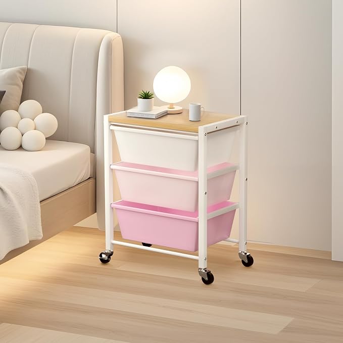 Rolling Cart with 3 Drawers, Plastic Drawer Storage Carts with Lockable Wheels & Wooden Tabletop, Metal Utility Cart Organizer, Office Bedroom Classroom Craft Organization and Storage, Bright Pink - Image 2
