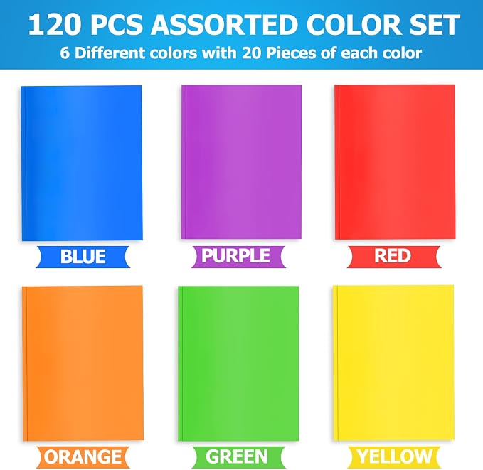 Officygnet 120 Pack 2 Folders with Pockets and Prongs, Heavy Duty Plastic Folder with Clear Front Pocket and Brads, Durable Bulk Assorted Colors File Folders for Office and School Supplies - Image 6