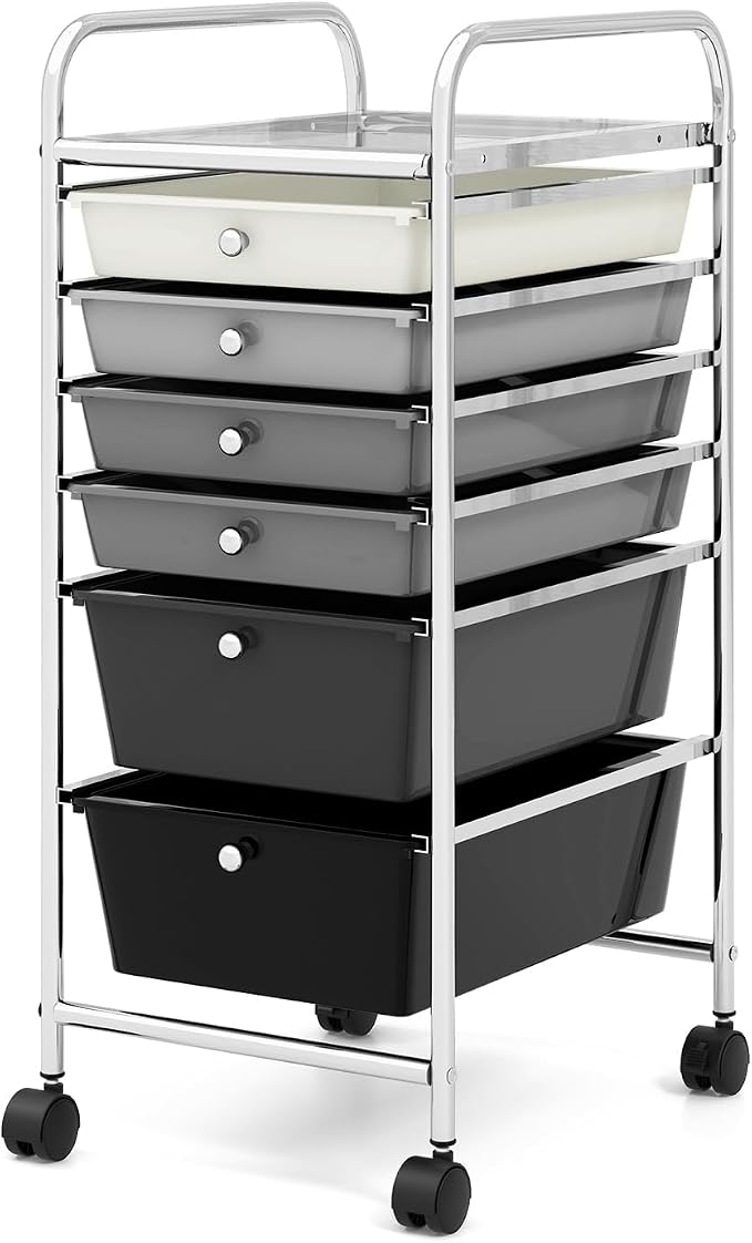 COSTWAY 6-Drawer Rolling Storage Cart, Art Craft Tools Organizer on Wheels | Multifunctional Heavy Duty Utility Mobile Storage Trolley w/ 2 Lockable Wheels for Home Office School (Mixed Black) by COSTWAY