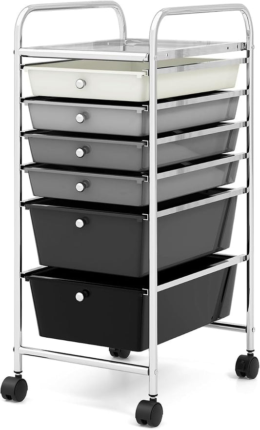 COSTWAY 6-Drawer Rolling Storage Cart, Art Craft Tools Organizer on Wheels | Multifunctional Heavy Duty Utility Mobile Storage Trolley w/ 2 Lockable Wheels for Home Office School (Mixed Black) by COSTWAY