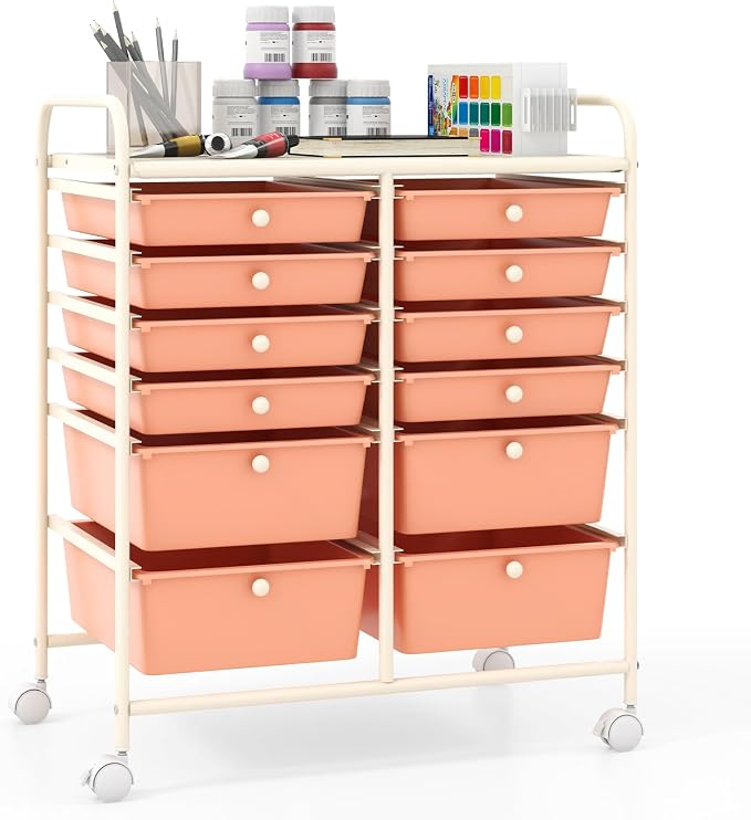Moccha 12-Drawer Rolling Storage Cart - Utility Cart on Wheels with Lockable Casters for Craft Art Supply Paper Salon, Mobile Drawer Carts for Classroom Teacher School Office (Peach) - Image 8