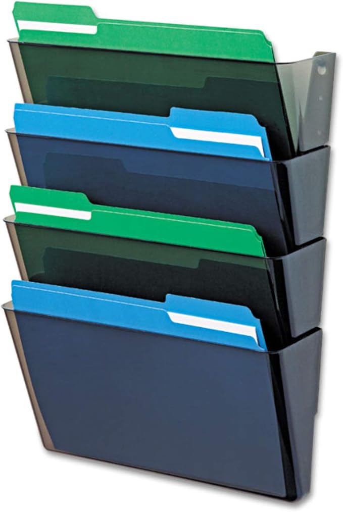 Deflecto Stackable 4-Pocket Wall File – Smoke Letter Size Document Organizer, Durable Plastic File Holder for Office, Classroom, Mailroom, Wall Mount Storage & Paper Sorting (73402-AMZ) - Image 2