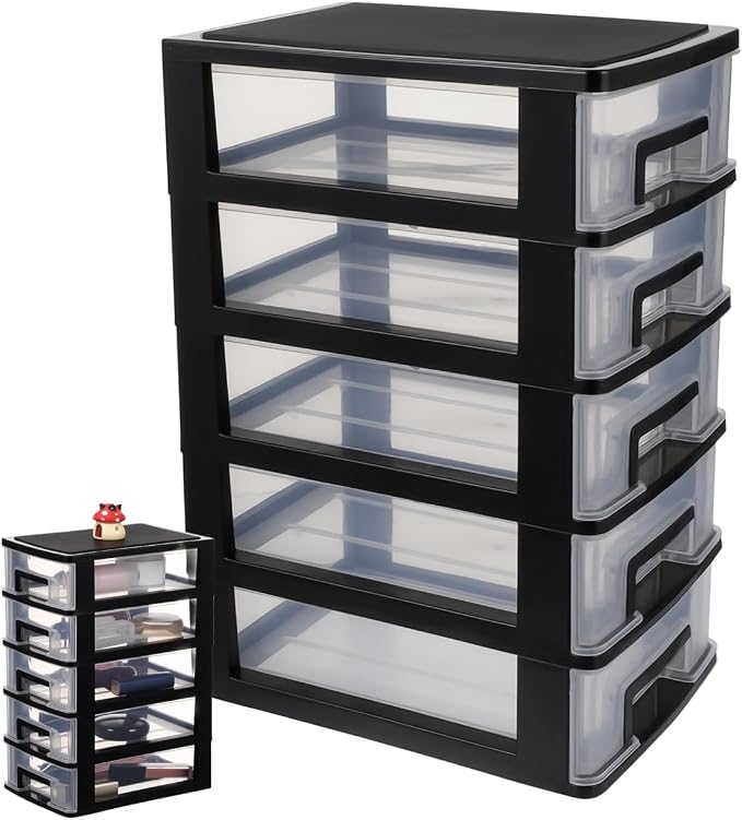 Angoily 5-Tier Plastic Drawer Storage Cabinet Portable Desktop Organizer for Office Study Cosmetics Sundries Holder 12.40X8.66X5.98In by Angoily