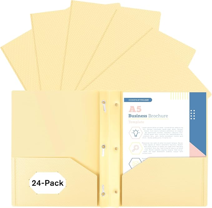 24-Pack Plastic andPockets and Prongs,2-Pocket and3 Fasteners, Pastel Folders Holds 8-1/2" x 11" Paper for School/Office/Home, Yellow by EEHZTSIOFFICE