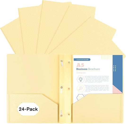 24-Pack Plastic andPockets and Prongs,2-Pocket and3 Fasteners, Pastel Folders Holds 8-1/2" x 11" Paper for School/Office/Home, Yellow by EEHZTSIOFFICE