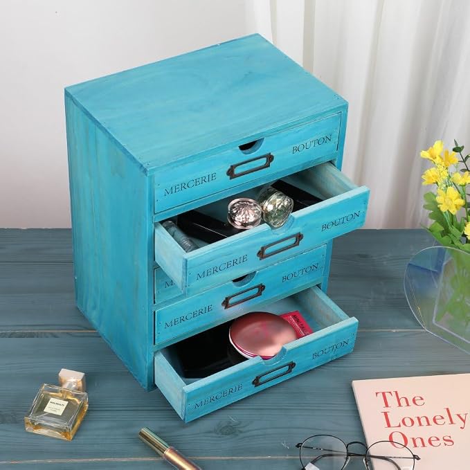Small Wooden Drawers Wooden Box with Drawer, Blue 5 Wood Drawer | Countertop Storage Box for Apothecary Cabinet, Apothecary Drawers，Desktop Organizer for Office，Home - Image 4