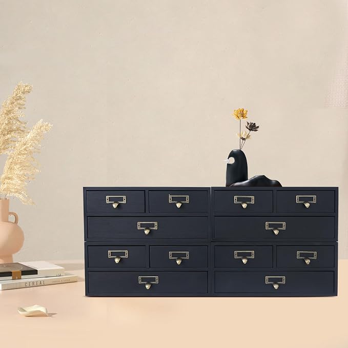 4-Piece Desktop Storage Drawer Set with 12 Drawers, Pine Wood & Metal Desk Organizer, Stackable Multi-functional Stationery Cosmetic Storage Box for Home Office Study Dorm(Black) - Image 9