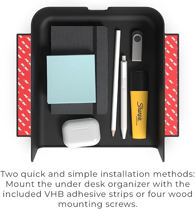 HumanCentric Under Desk Storage Shelf, Drawer Organizer for Office, Workstations, Tables, Sit Stand Desks, Gaming Setups, Mountable Storage Tray, Cable Management, Screw or Stick On, 2 Pack - Image 7