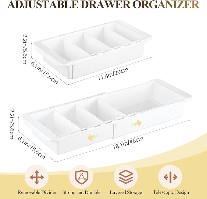 5 Pcs Expandable Drawer Organizer Bins Adjustable Deep Drawer Hanging Organizer Tray Expandable 11.4 to 18.1 Inches Plastic Dividers Storage for Office Bathroom Bedroom Kitchen Desk, White - Image 3