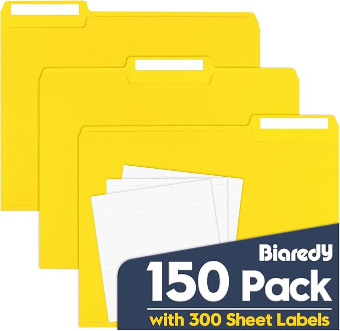 File Folders,Colored File Folders Letter Size 8.5" x 11",150 Pack 1/3 Cut Tab Bulk Folders,Durable Paper Folders with Blank Labels for Office Business School Home Use,Lemon Yellow by Unknown
