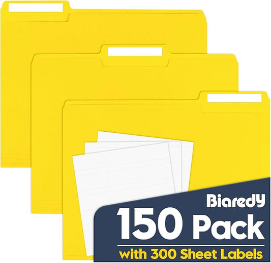 File Folders,Colored File Folders Letter Size 8.5" x 11",150 Pack 1/3 Cut Tab Bulk Folders,Durable Paper Folders with Blank Labels for Office Business School Home Use,Lemon Yellow by Unknown