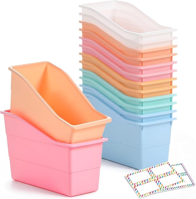 Blosssound 12 Set Book Bins for Classroom with Label Sticker Book Box Baskets Plastic Stackable Organizing Bins Storage & Organization for Classroom Library Home School Supplies (Cloud Pastel) by Blosssound