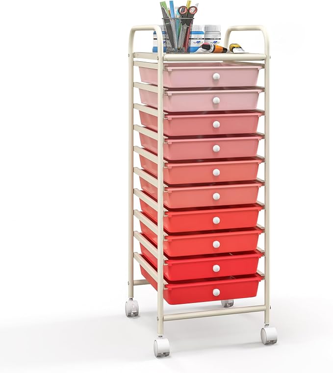 Giantex 10-Drawer Storage Cart w/Universal Wheel, Rolling Cart w/Handle, Home Organizer Storage Unit w/Removable Drawers, Trolley Utility Cart for Kitchen Makeup Living Room Office Play Room - Image 9