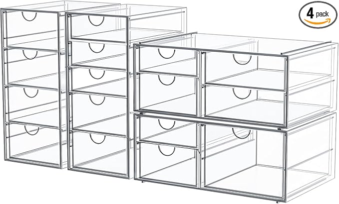 4-Pack Acrylic 16-Drawer Storage & Makeup Organizer for Desk | Smooth-glide drawers, clear acrylic, stackable, dustproof, wipe clean, for office supplies, pens, jewelry, makeup by shoeboxesanddeskorganizers