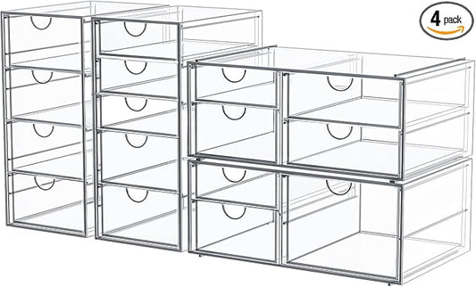 4-Pack Acrylic 16-Drawer Storage & Makeup Organizer for Desk | Smooth-glide drawers, clear acrylic, stackable, dustproof, wipe clean, for office supplies, pens, jewelry, makeup by shoeboxesanddeskorganizers