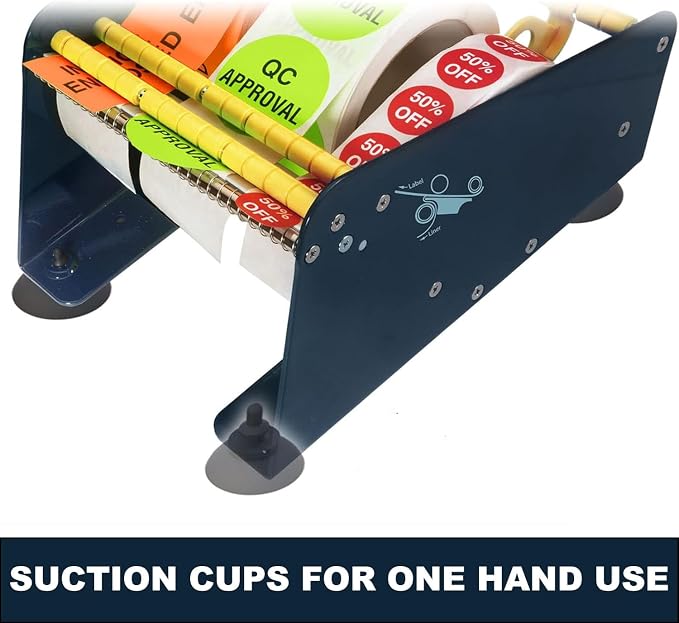 MDJ by Excell Manual Metal Label Sticker Dispenser with 4 Suction Cups Base for Tabletop, Adjustable Holder for Multiple Rolls for Office, Home, Warehouse, Easy Peel Off, Fits up to 6.5" Wide Labels - Image 6