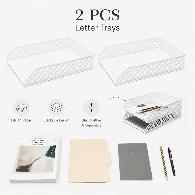 Exerz Letter Trays 2pcs Stackable Paper Sorter/Desk Organiser/File Tray for Desk - Wire Mesh Metal File Rack - Office, School, Home Study (White) - Image 3