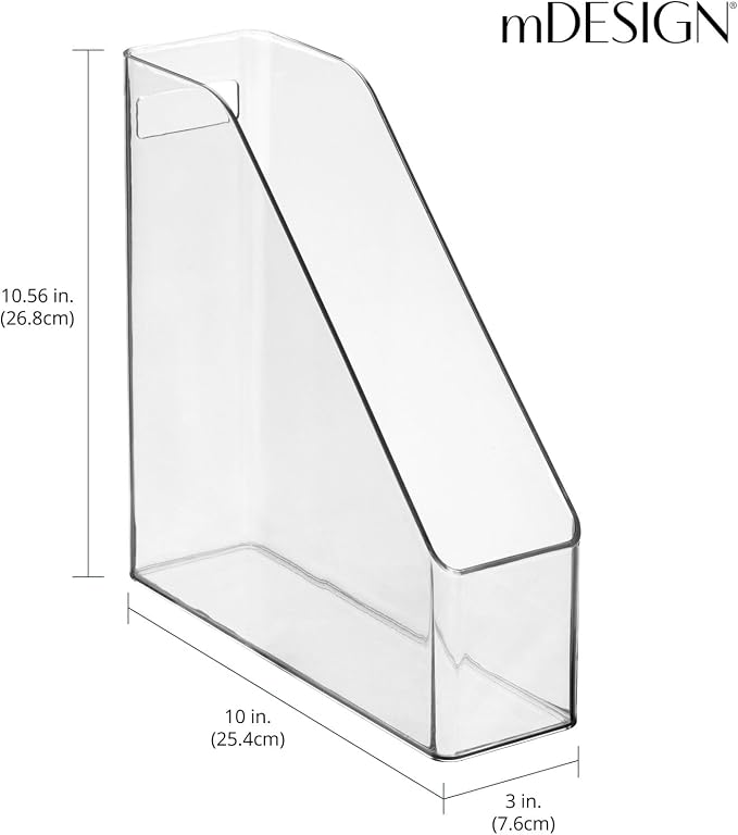 mDesign Plastic Slim Vertical File Folder Storage Organizer Bin with Handle - Hold Notebooks, Binders, Envelopes, Magazines for Home Office, Work Desktops, Ligne Collection, 2 Pack, Clear - Image 3