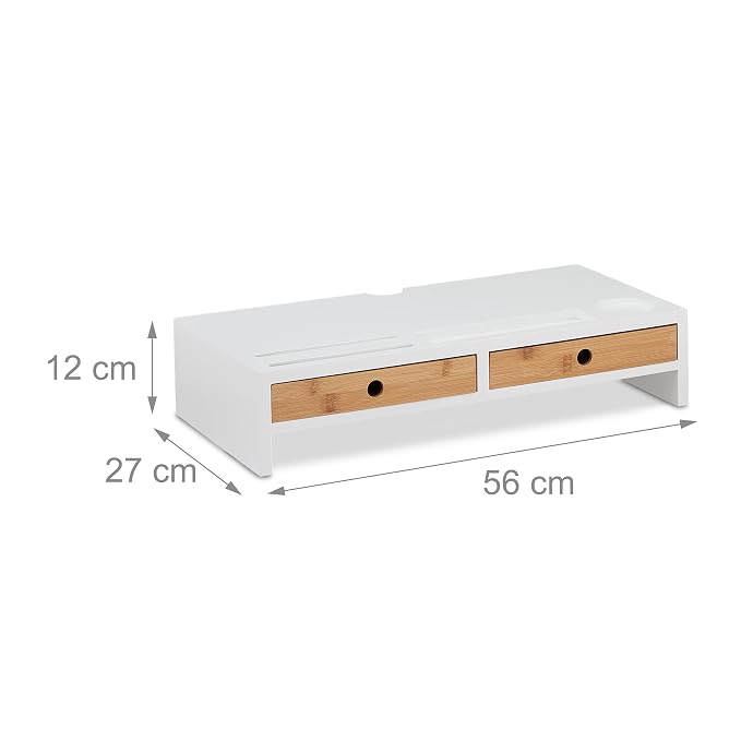 Relaxdays Monitor Stand, 2 Drawers, PC Riser for Desk, H 12 x W 56 x D 27 cm, Bamboo & MDF, White/Natural - Image 4