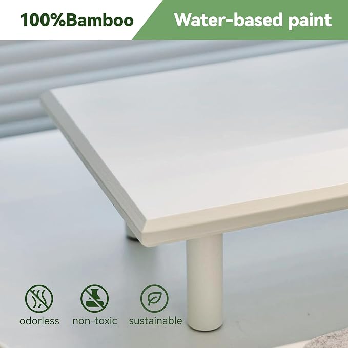 Bamboo Dual Monitor Stand Riser, White Desk Shelf with Storage | 39.37-Inch Wide, 3.5-Inch Clearance, Fits Keyboards, Soundbars and Two 24-Inch Monitors for Home Office - Image 3