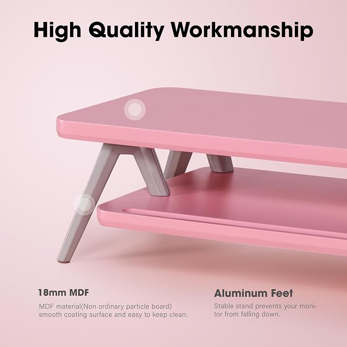 Fenge Dual Monitor Stand Riser, Wooden Desk Shelf with 2-Tier Storage | 42.5-Inch Wide, Sturdy Aluminum Legs, Built-In Phone & Tablet Slot, Desktop Organizer for Office Accessories - Image 4