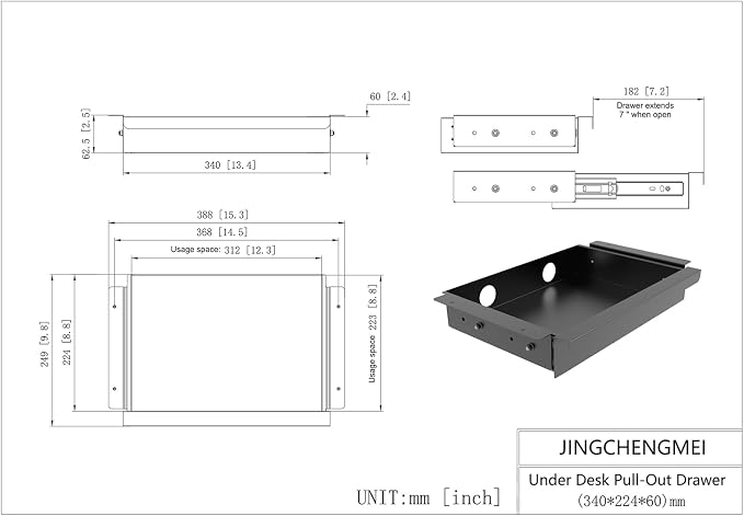Under Desk Mounted Sliding Pull-out Drawer, W 15.3" x D 8.8" | Storage Organizer for Sit Stand Workstation, Metal, Black (Medium) - Image 3