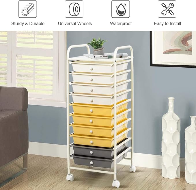 Giantex 10 Drawer Rolling Storage Cart Scrapbook Paper Office School Organizer (Beige+Yellow+Grey) - Image 6