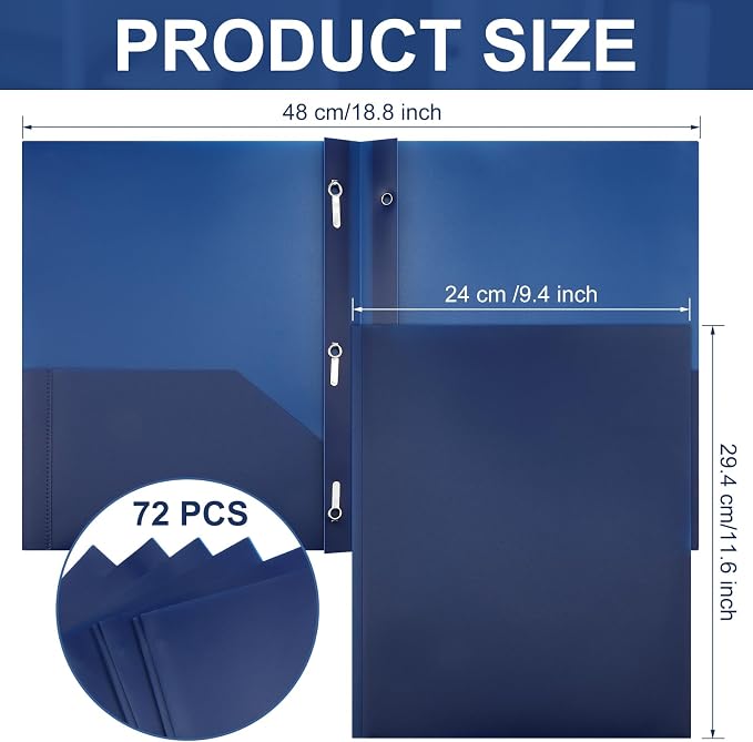Cholemy 72 Packs Pocket Folders with Prongs Heavy Duty Plastic Folder with Business Card Slot 3 Prong Fasteners for School Office (Navy Blue) - Image 2