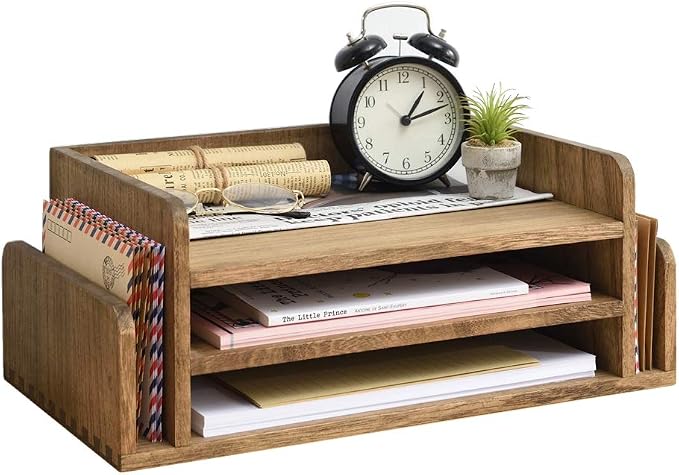 KIRIGEN Wood Desk Organizer, 5-Tray Letter Tray and Mail Sorter, Brown 2TP | Solid Wood 3-Tier Desktop Organizer with 5 Storage Areas for Mail, Folders, Letter Paper and Office Supplies, Fully Assembled by KIRIGEN