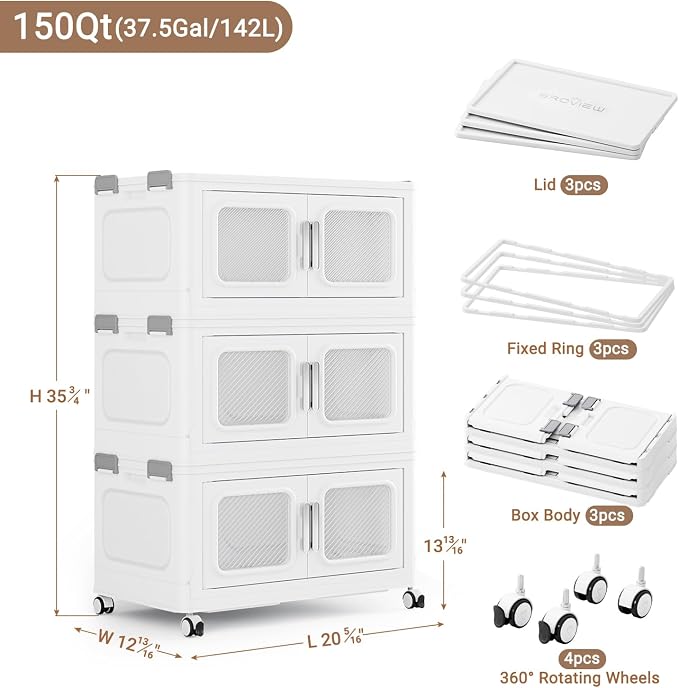 BROVIEW 150 Qt/37.5 Gal Stackable Storage Bins with Lids, 3 Pack, White | Small Stackable Storage Boxes w/ 3 Lid Folding Plastic Cart Organizer for Home Kitchen, Open Front Clear Door with Wheels - Image 2