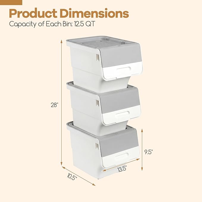 GIANTEX 3 Pack Plastic Stackable Storage Bins with Lids & Wheels, 12.5 QT | Open Front Stacking Bins, Organizer Bins for Pantry, Kitchen, Laundry, Closet, Playroom, Bedroom Organization - Image 5