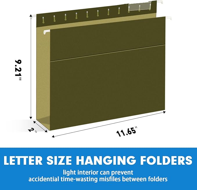 Extra Capacity Hanging File Folders, RAZCC 60 Pack Letter Size Reinforced Hanging Folders with Heavy Duty 2 Inch Expansion for Bulky Files, Filing Cabinet, Adjustable Tabs, Green - Image 2