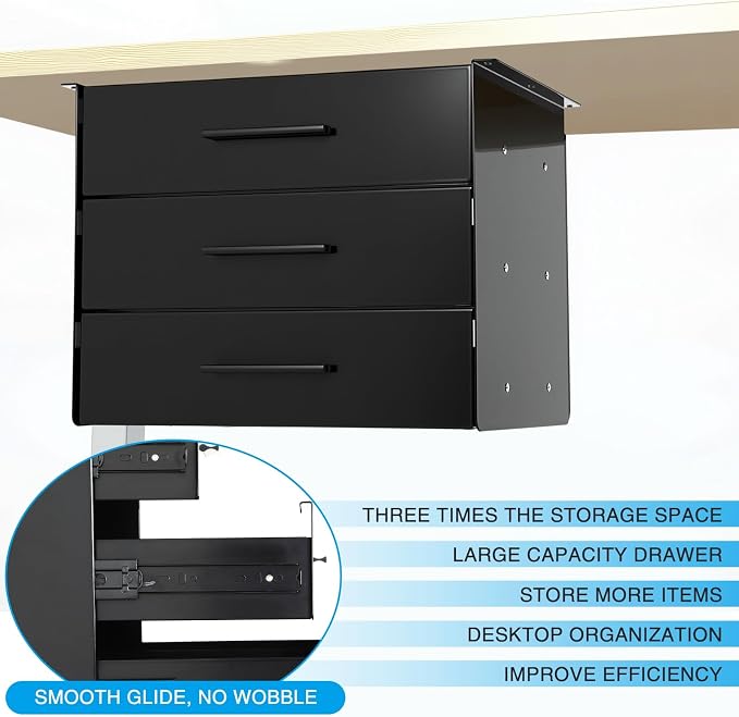 16'' Under Desk Drawer Slide-out Steel Under Counter Drawers Storage Organizer Large Hidden Pull-out Tray for Table Desks Home Office Workstation(Black,3 Layer) - Image 3