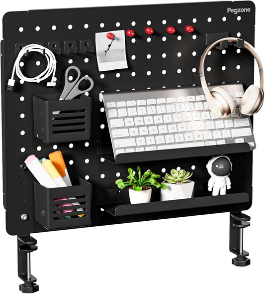 Clamp on Desk Pegboard, 20.4" x 16.5", with 15 Accessories, Black | Magnetic Metal Peg Board, Desk Organizer for Office Gaming Home, Privacy Panel, Large by Pegzone