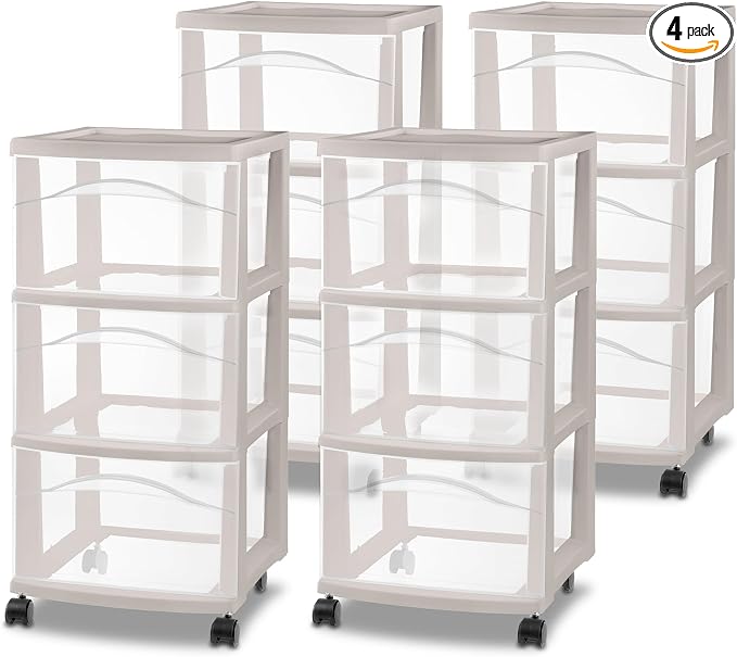Sterilite 4 Pack 3 Drawer Storage Cart, Rolling Organization, Grey Pumice by Sterilite