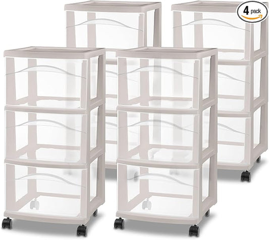 Sterilite 4 Pack 3 Drawer Storage Cart, Rolling Organization, Grey Pumice by Sterilite