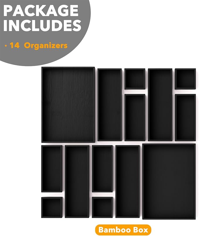 SpaceAid 14-Piece Bamboo Drawer Organizer Storage Boxes Set, Wood Tray Junk Drawer Organizers Multi-Use Divider Bins for Kitchen, Bathroom, Office Desk and Makeup Organization (14 Pack, Black) - Image 6
