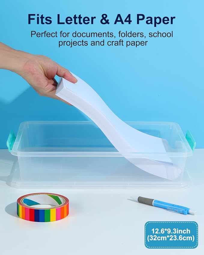 EOENVIVS 4 Pack Clear Storage Bins with Lids, A4 File Boxes, Green Latches | Craft storage bins sensory bins A4 paper US Letter paper classroom art supplies project organization - Image 2
